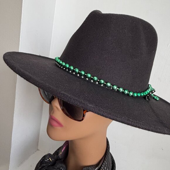 Vegan Brimmed Panama Fedora Black Green Silver Beads Wide Brim Unisex Hat New L main image 7